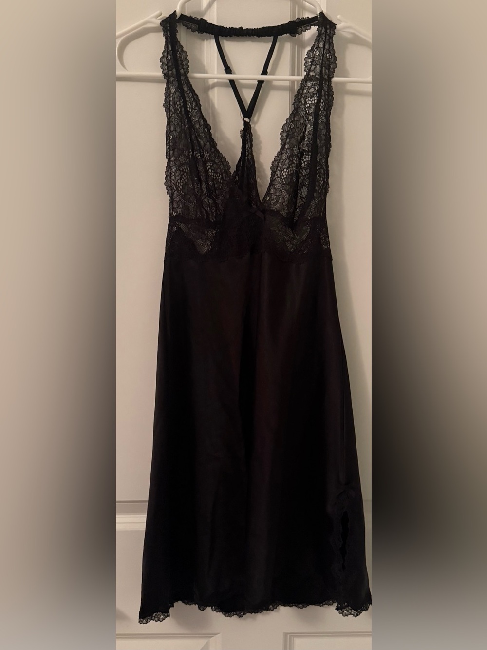 Victoria's Secret Black Lace-Trim Satin Chemise with Strappy Back